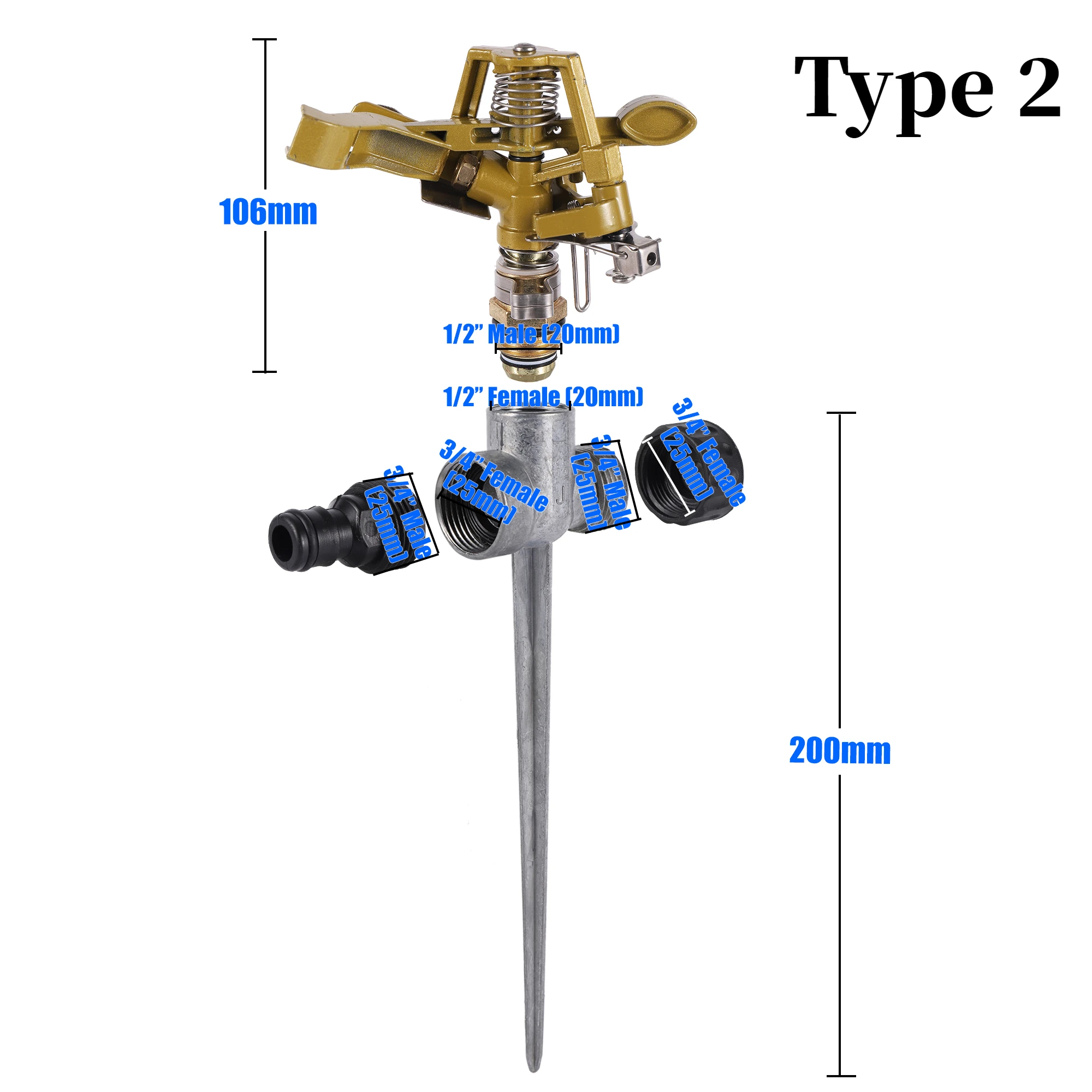 Jardim Rotating Rocker Impact Sprinkler, Rosca Masculina, Metal Spiked Impulse, Rega Gramado, Bico Ajustável, Irrigação, 1/2\