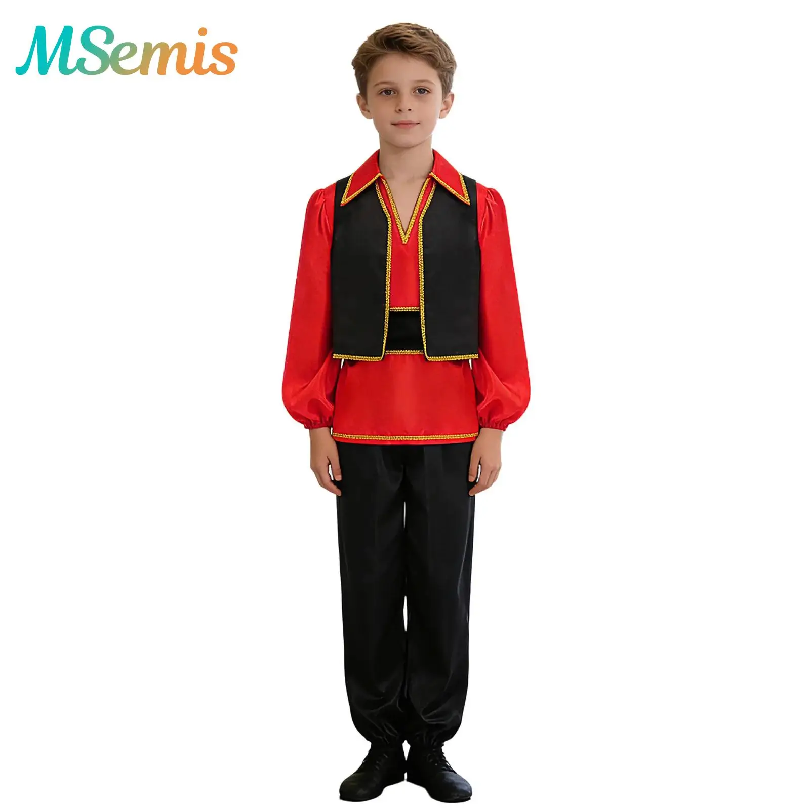 Traje de flamenco y danza folclórica rusa para niños, camisa de satén, chaleco negro con borde dorado y pantalones, disfraz tradicional para el escenario.