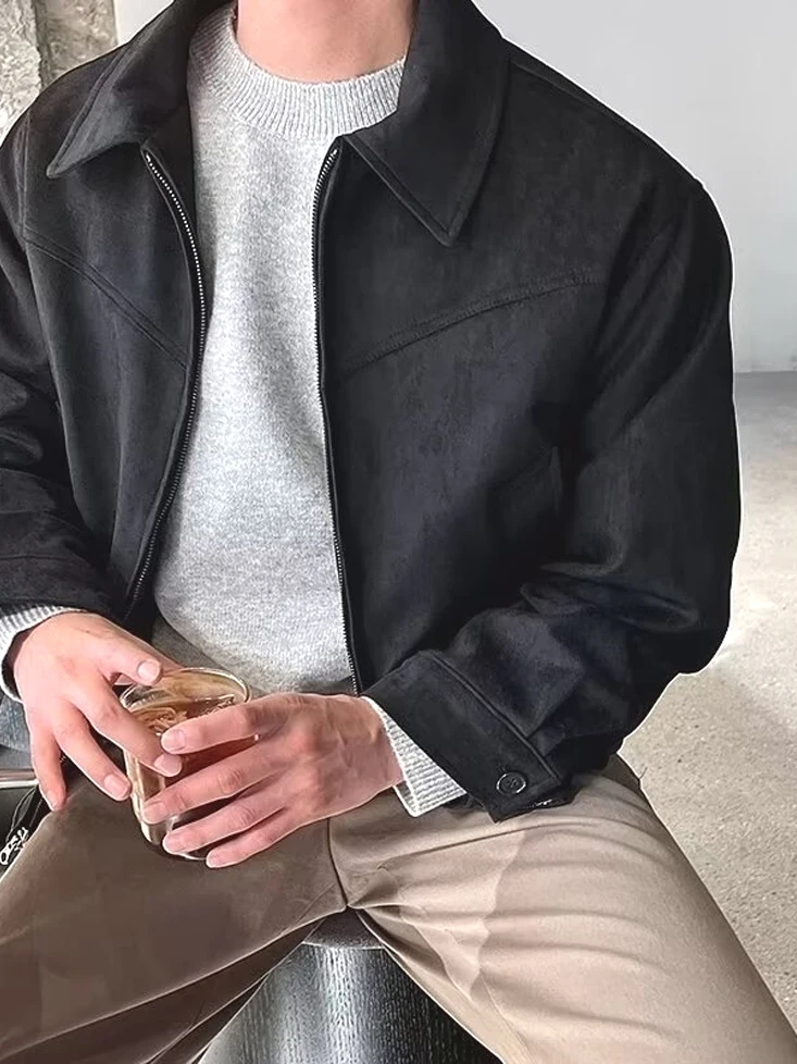 

American Sle ort Workwear Jaet Men's Deer Skin Velvet Collar Zipper Adstrative Outerwear Hard Man Pilot Baseball St...