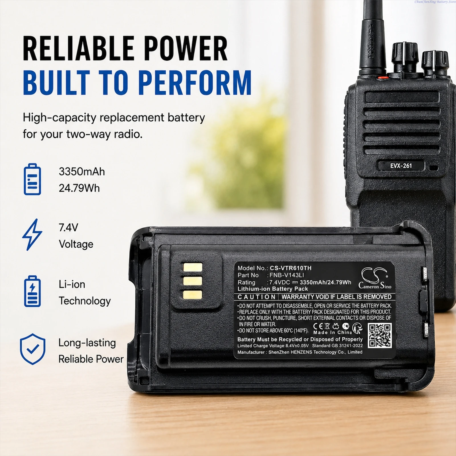 Cameron Sino 7.4V 3350mAh Replacement Two-Way Radio Battery FNB-V143LI for Vertex Standard EVX-Z61, EVX-Z69, For BearCom BC250D