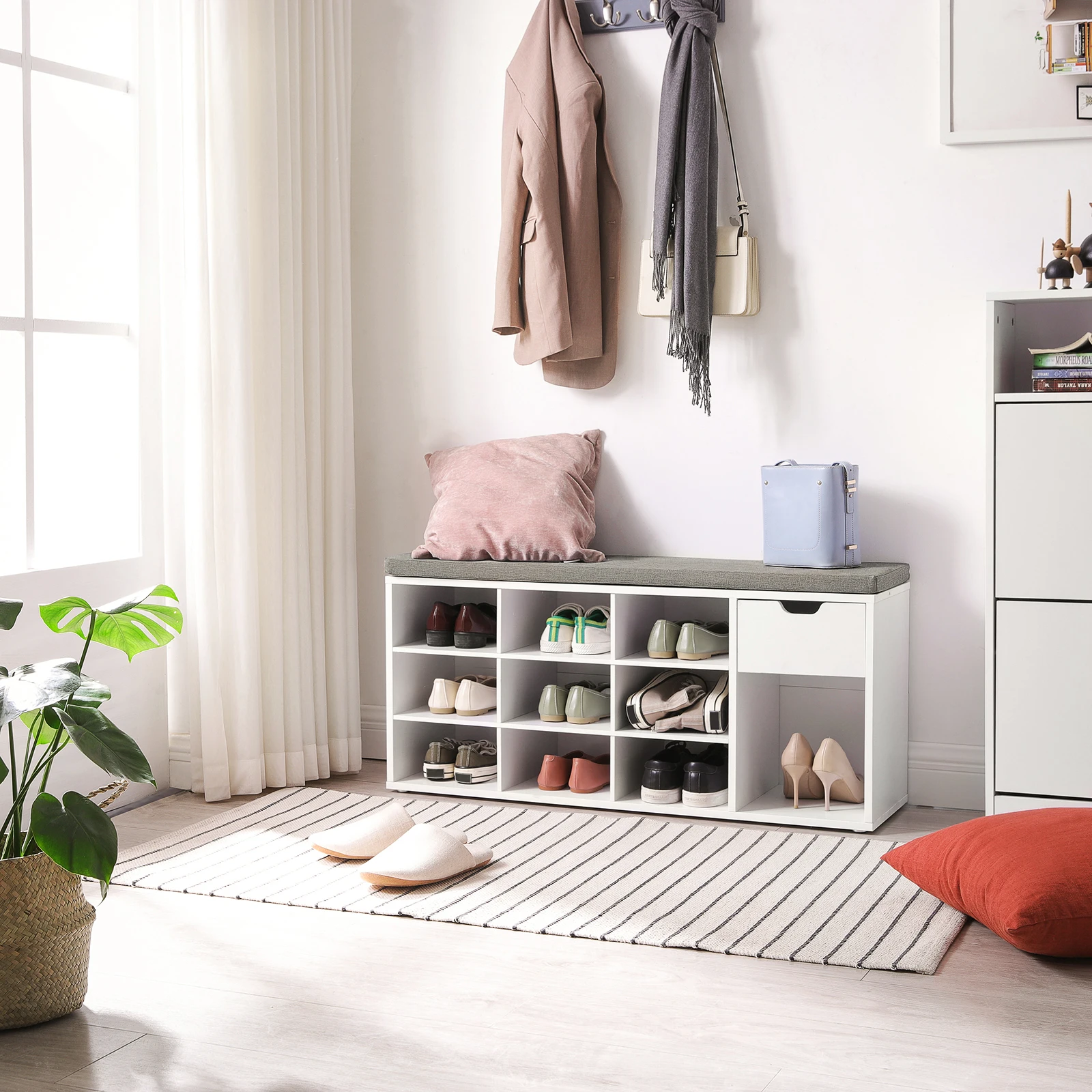 VASAGLE Schuhbank, Schuhregal mit Schublade und offenen Fächern, Sitzbank, gepolsterter Sitz, Flur, Schlafzimmer
