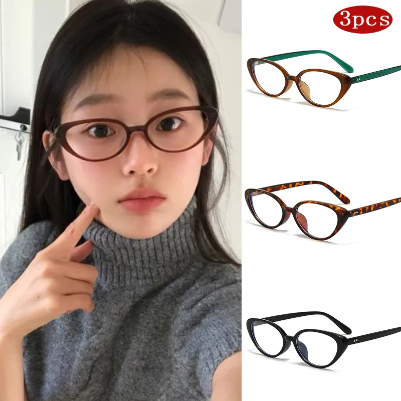 3 قطعة نظارات عين القطة الصغيرة الموضة النساء الكلاسيكية المضادة للضوء الأزرق إطار النظارات البصرية الإناث كتلة اللون النظارات ﻿
