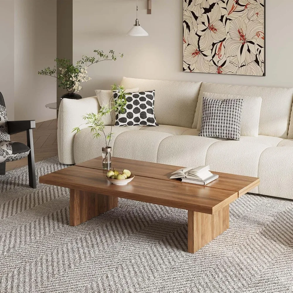 

47-Inch Rectangular Coffee Table - Modern Understated Luxury Center Table for Living Room, Minimalist Walnut Grain Wood Coffee T