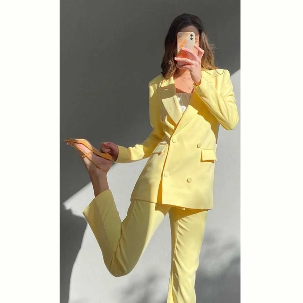 Elegant Light Yellow Women's Suits Double Breasted 2 Piece Jacket Pants Female Clothing Smart Office Lady Slim Fit Blazers Sets