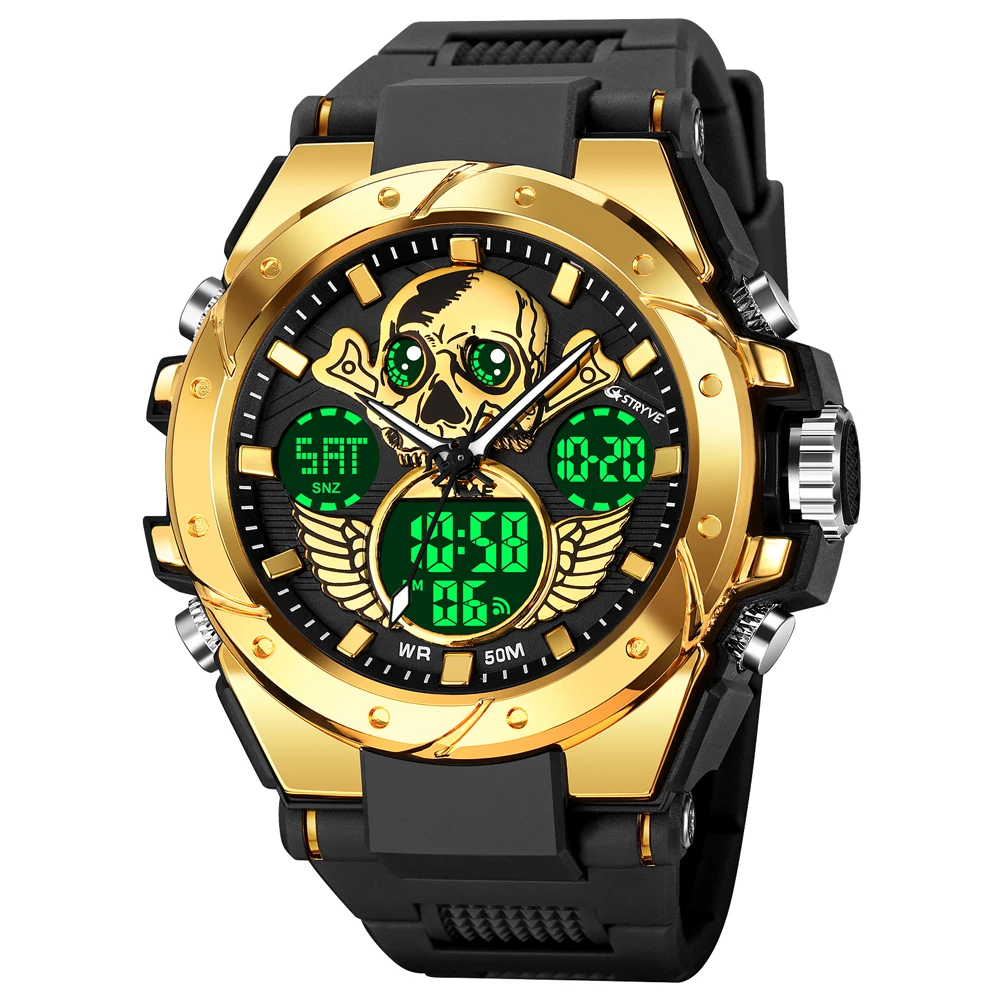 STRYVE Fashion Digital Mens Military Watch 50M Waterproof Wristwatch Sport Men Skull Dial Dual Display Watches LED Quartz Clock