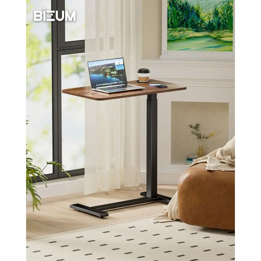 Adjustable Bedside Table with Swivel Hidden Wheels Pneumatic Rolling Desk Mobile Standing Desk with Cup Holder for Hospital Hom