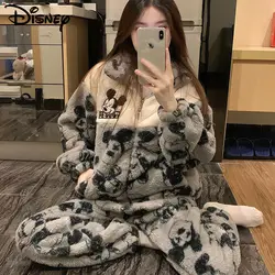 Disney Mickey Mouse Women's Autumn Winter Sleepwear Coral Fleece Thickened New Home Suit Set Korean Style Y2k Sweet Girl Pajamas