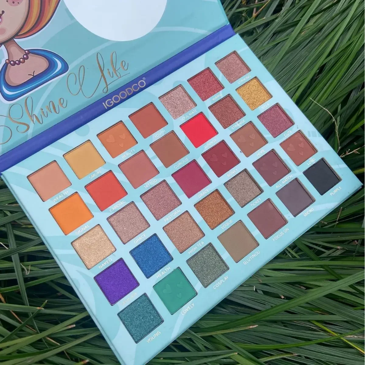 Tablero de sombra de ojos con patrón de dibujos animados, paleta de sombras de ojos de neón, maquillaje de escenario para niños, brillo mate, resistente al agua, belleza esmaltada, 35 colores