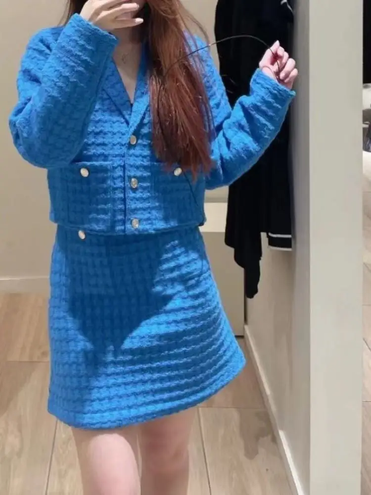 

Women Blue Knitted Set Single Breasted Notched Long Sleeve Cardigan or Strappless Camisole or High Waist A-Line Mini Skirt