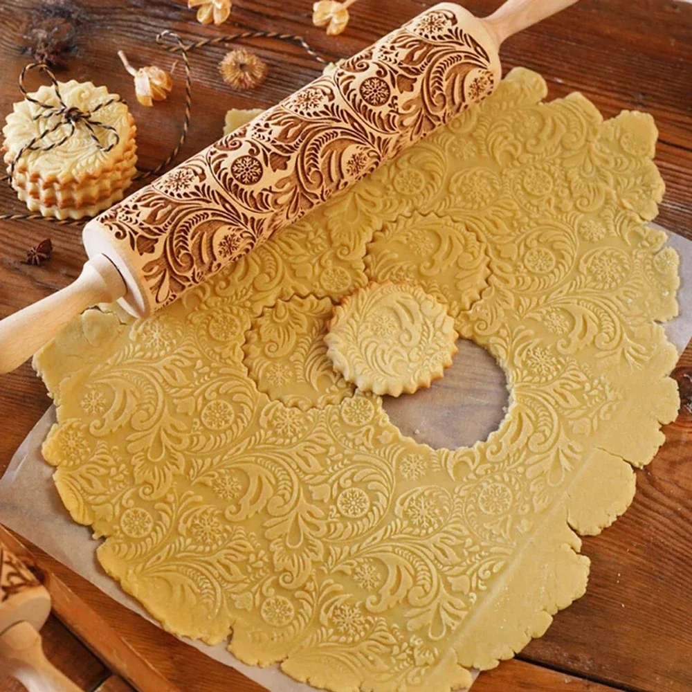 

35X4.5CM European Retro Flower Window Grilles Deep Engraved Wooden Embossed Cookies Rolling Pin for Baking 3D Mold