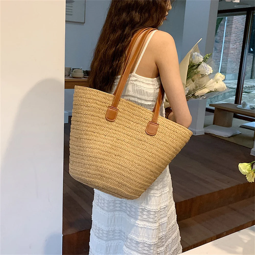 Summer Rattn Weave Bag With Inner Bag For Women Beach Vacation Weaving Straw Bag Large Capacity Travel Handle Bucket Totes