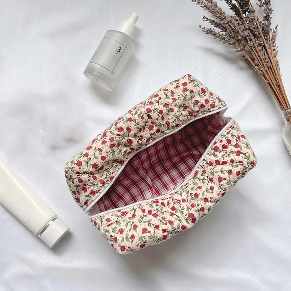 Flower Printed Floral Puffy Quilted Makeup Bag Cosmetic Pouch Makeup Accessory Toiletry Handbag Storage Organizer