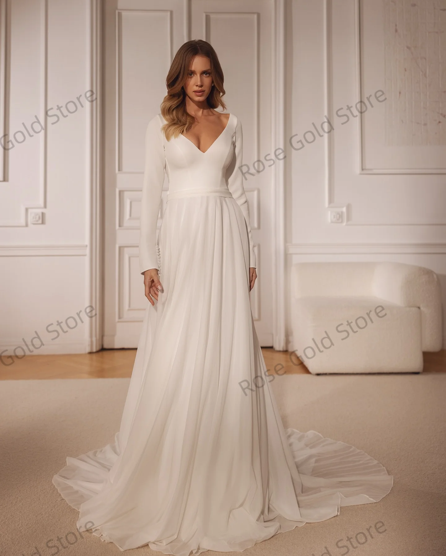 Vintage rosa vestidos de noiva para as mulheres uma linha com decote em v mangas completas vestidos de casamento aberto v voltar longo vestido de novia personalizado