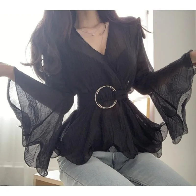 Women Long Sleeve Shirt Lace-ups Tops Woman Clothing Ruffles Flared Sleeves V-necks Belts Vintage Y2k Streetwear Design Slim Fit