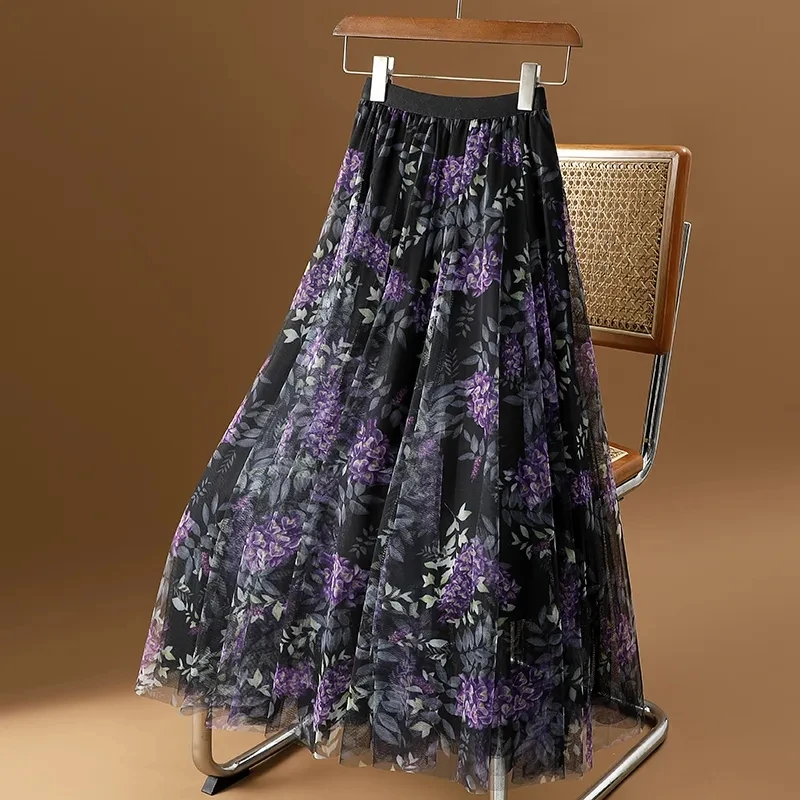 

Retro Printed Mesh A-line Skirt, for Women's Clothing 2024 New Spring Summer High Waisted Pleated Skirt Elegant Long Wrap Skirts