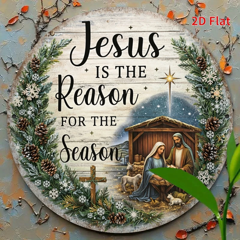 2D Flat, [2Dfalt], 1pc 7.87x7.87inch- Jesus Is The Reason for The Season Tin Sign, Christmas Nativity Decorative Sign, Wall Art