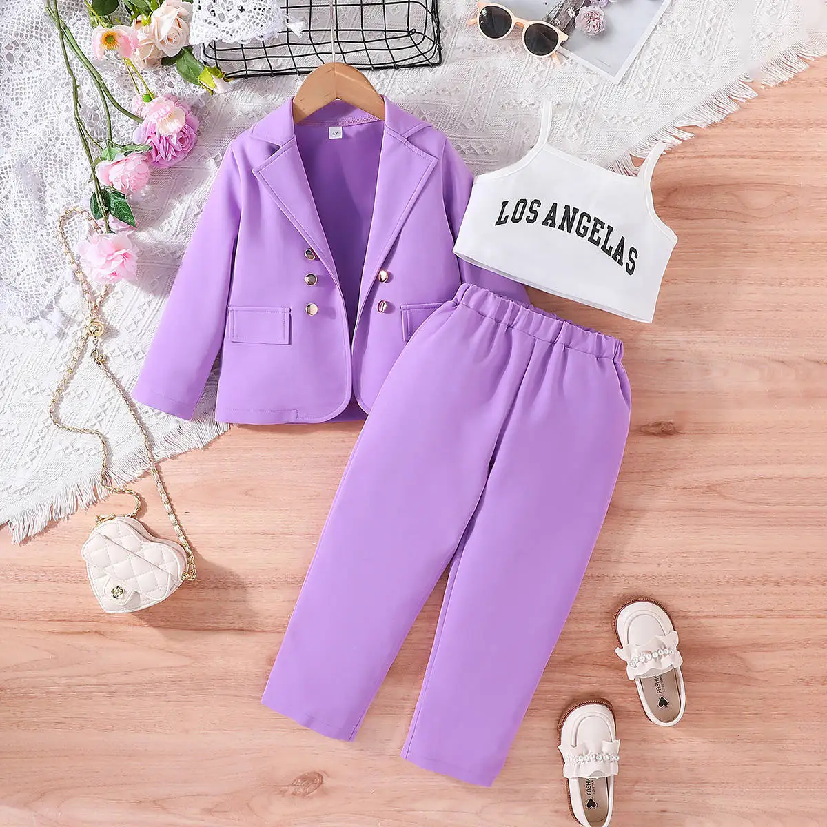 Children\'s Clothing Girls Suit Purple Loose Teenage Girls Outfits Set Casual Blazer Wide Leg Pants Three-Piece Autumn New 3-7Y