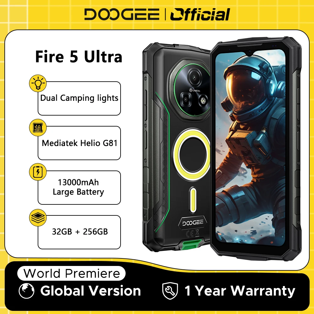 DOOGEE Fire 5 Ultra Rugged Phone 32GB+256GB 13000mAh Mediatek Helio G81 6.6'' 48MP Camera Camping Lights Android15 Smartphone
