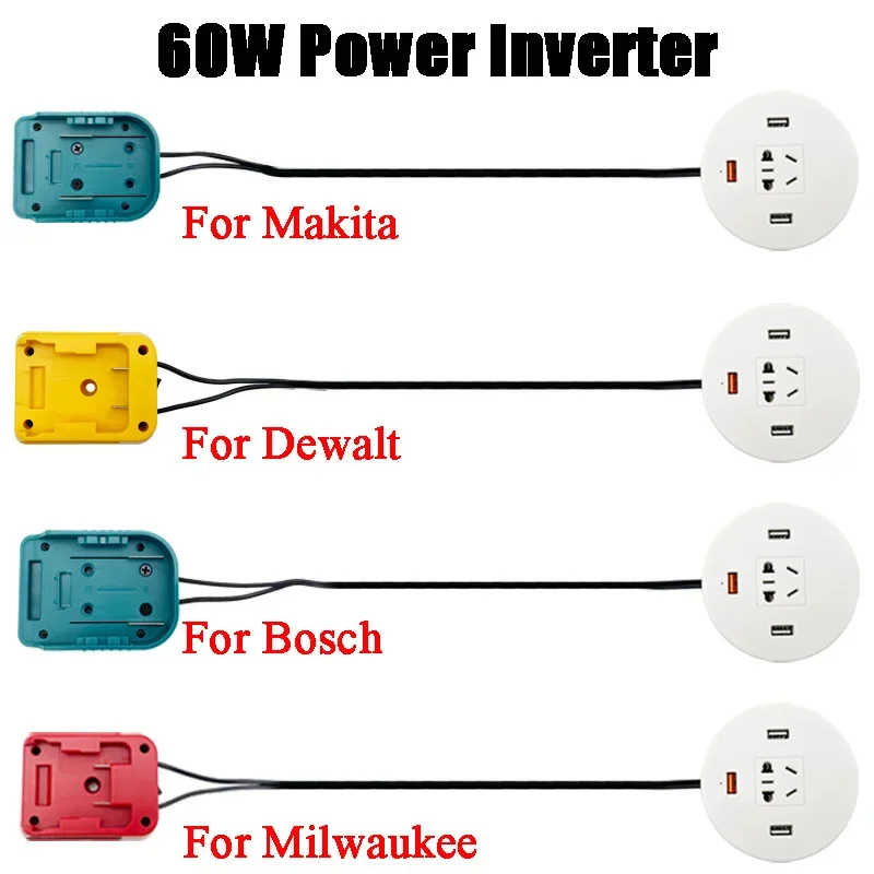 60W Power Inverter Modified Sine Wave DC to AC 220V USB Charger For Makita For Dewalt For Bosch For Milwaukee 18V Li-ion Battery