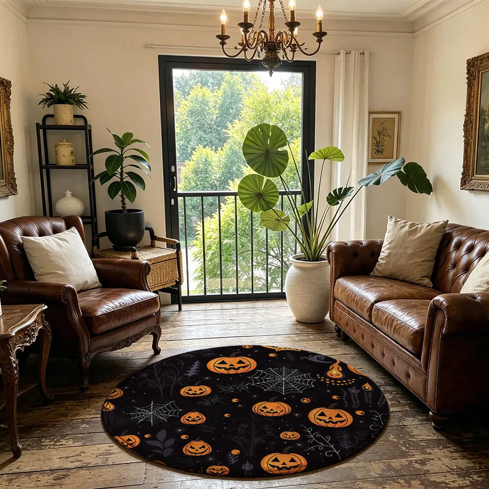 1pc Halloween pumpkin spider web printed round floor mat living rooms sofas beds featuring a decorative design clean