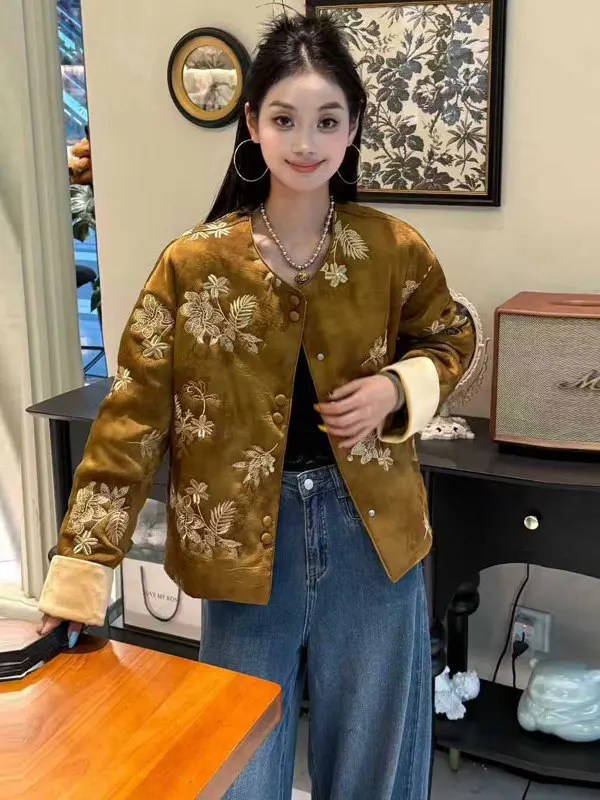 

New Chinese Sle ort Cotton Jaet Women's plus Size round Ne Buttoned Versatile Top Spring Autumn Season Faion