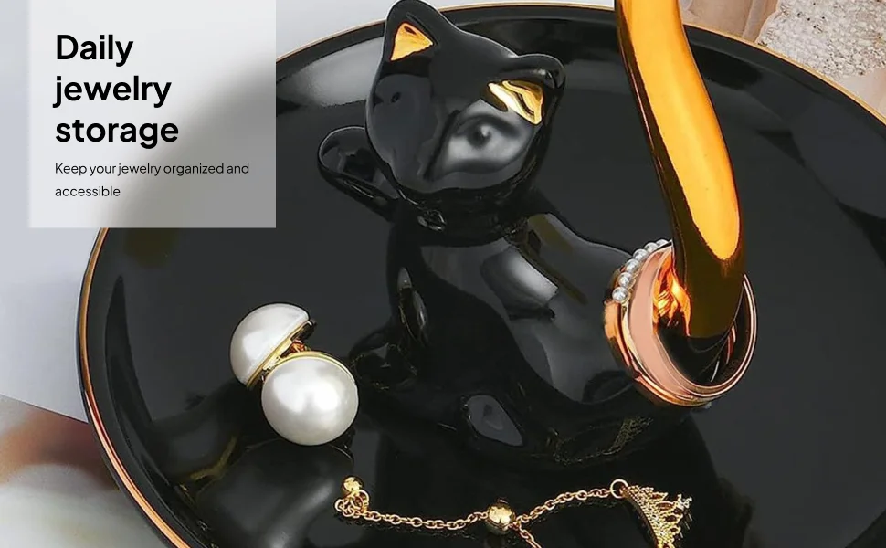 حامل خاتم على شكل قطة، صينية تخزين مجوهرات لطيفة مزخرفة، حامل مجوهرات للأساور والقلادة وعيد الميلاد والذكرى السنوية وأعياد الميلاد