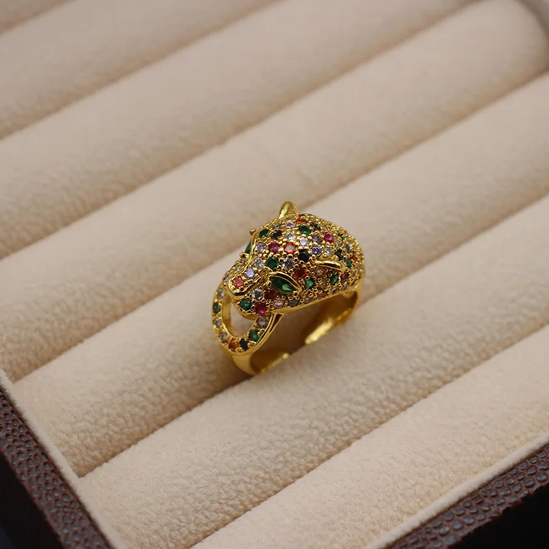 Unique High-End Leopard Open Ring Copper Gold Plating Animal Full Rhinestones Ring Jewelry Accessory Birthday Gift for Women Men