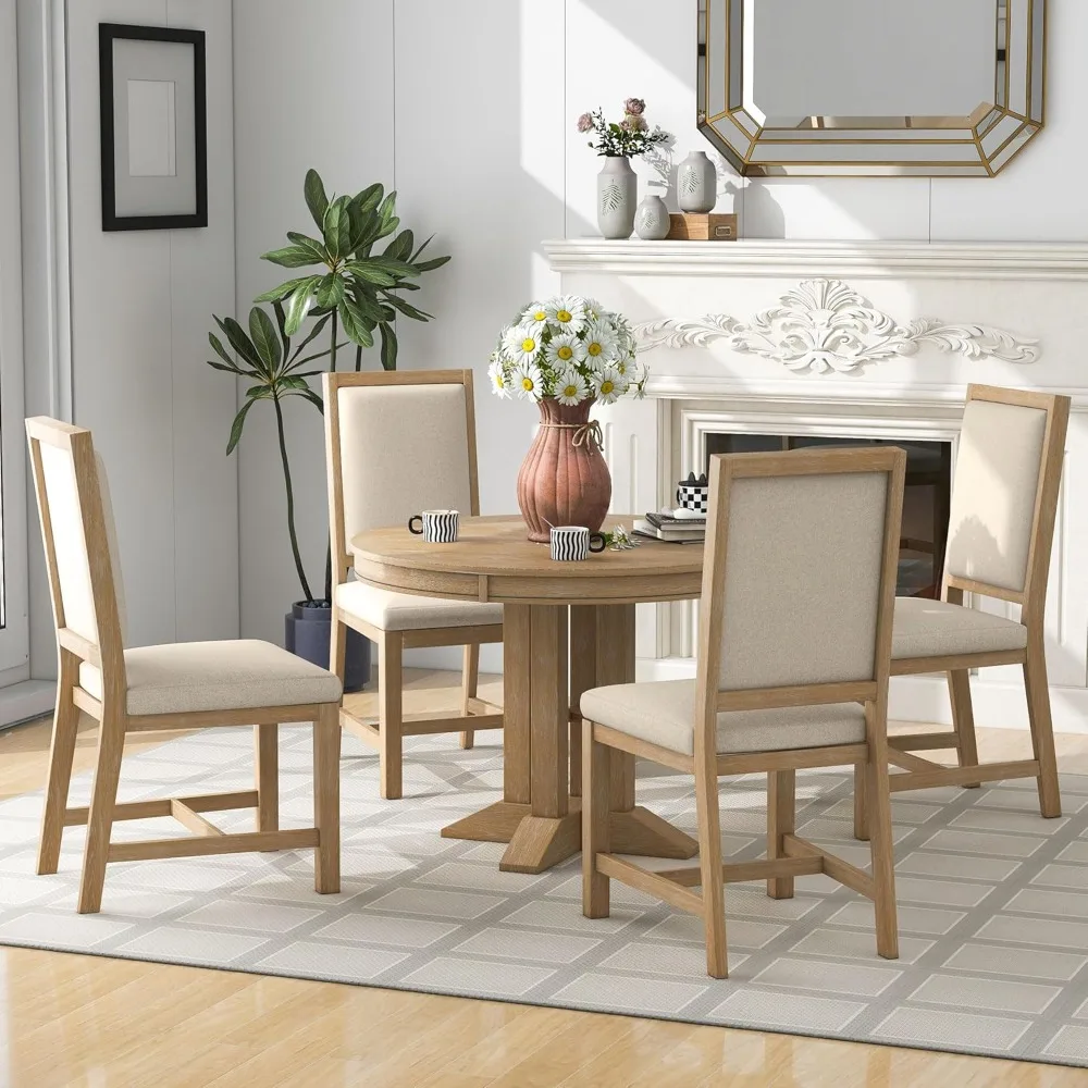 

5-Piece Dining Sets, Farmhouse Kitchen Table Set - Extendable Round Table and 4 Upholstered Chairs for Kitchen