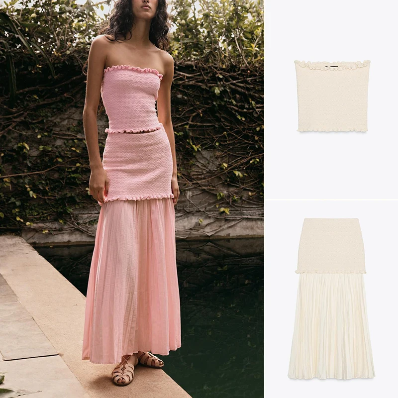 

Вязаный топ с запахом на груди, с прямым воротником и плиссированным подолом, длинные брюки с высокой талией, лето 2025 Faion Set