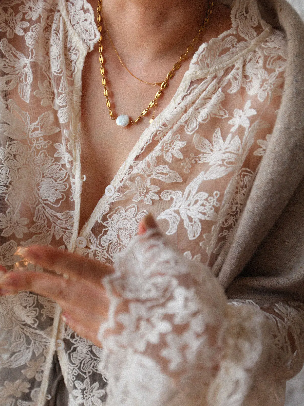 

Women’s Vintage Lace Embroidered Blouse 2026 Spring/Summer Sheer V Neck French Style Floral Casual Long Sleeve Top