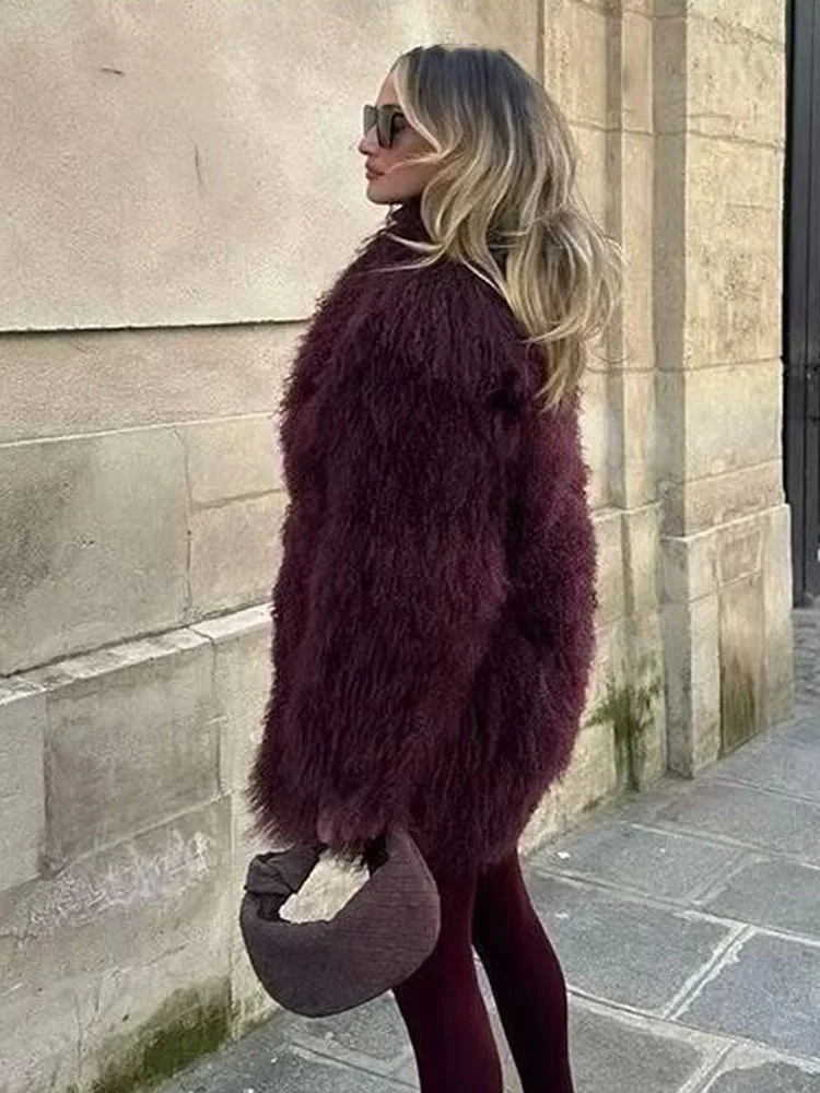 HH Women Faux Fur Jackets Loose Long Sleeves Turn Down Collar Warm Winter Long Coat Female Wine Red Vintage Casual Outerwear