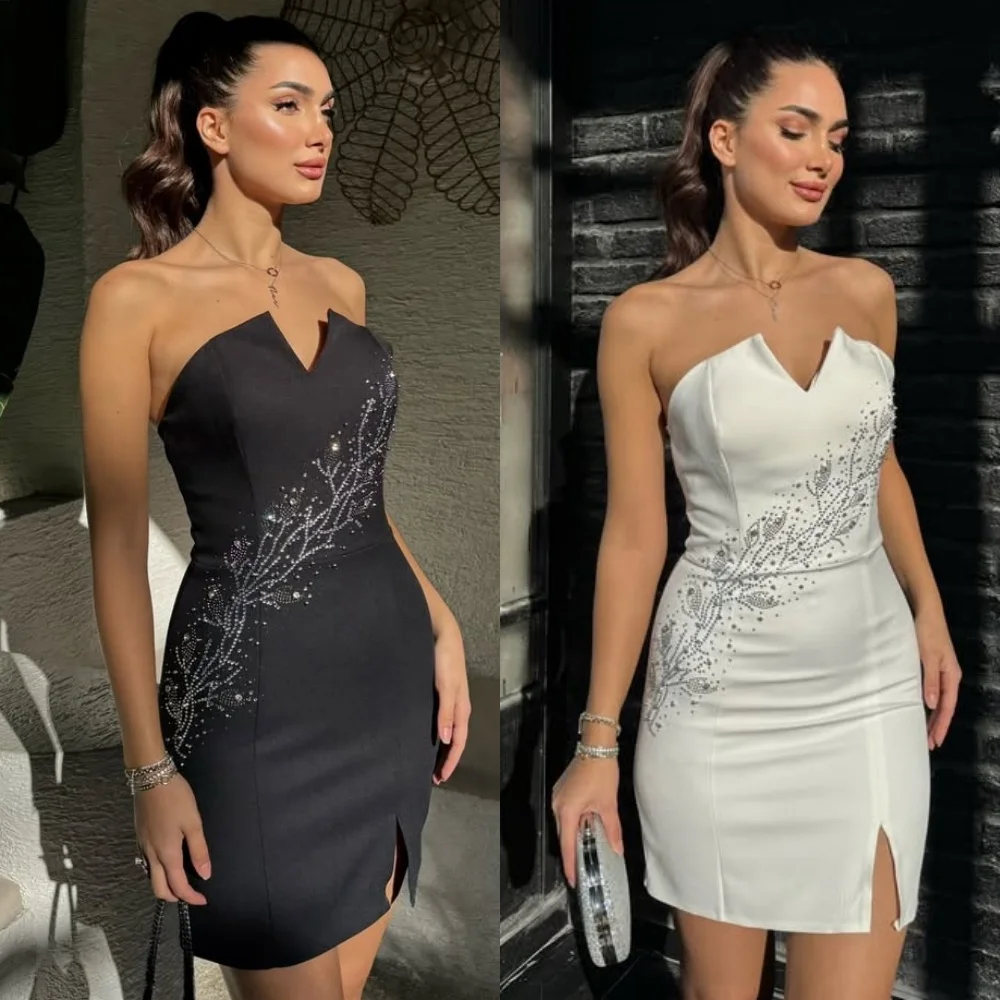 

Customized Modern Style Fashion Jersey Sequined Pleat A-line Strapless Mini Dresses Bespoke Occasion Dresses High Quality Retro