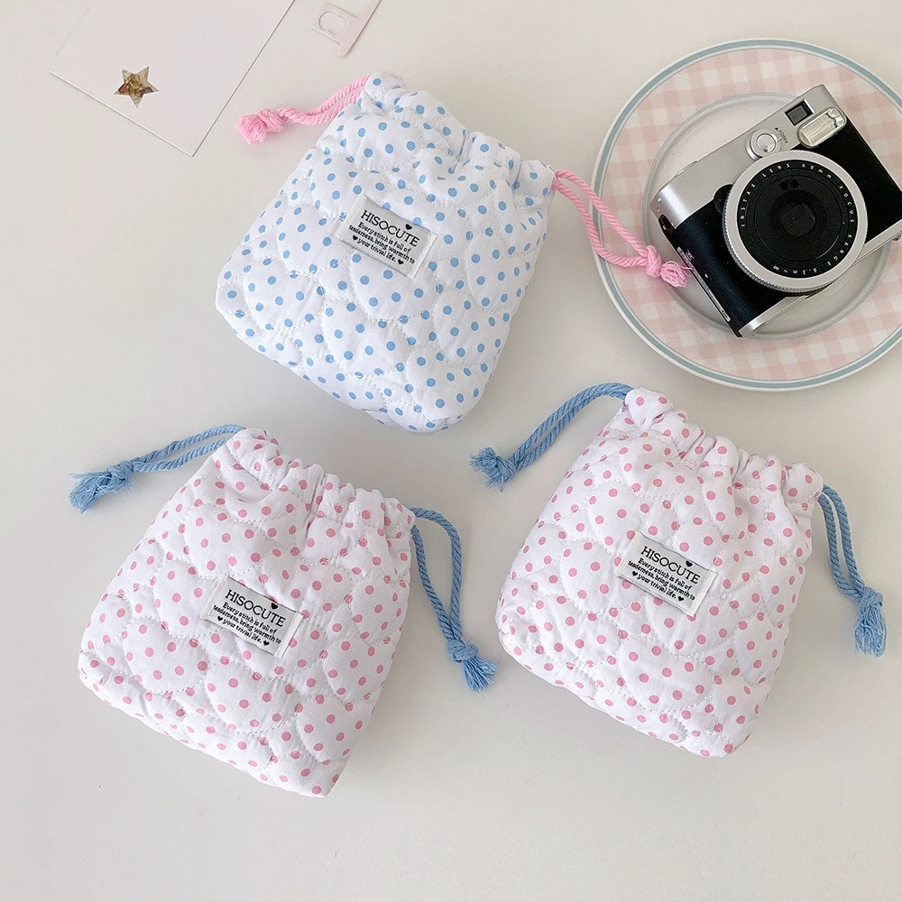 Women Korean Style Makeup Case Polka Dot Quilted Heart Drawstring Cosmetic Bag Portable Storage Pouch for CCD Camera