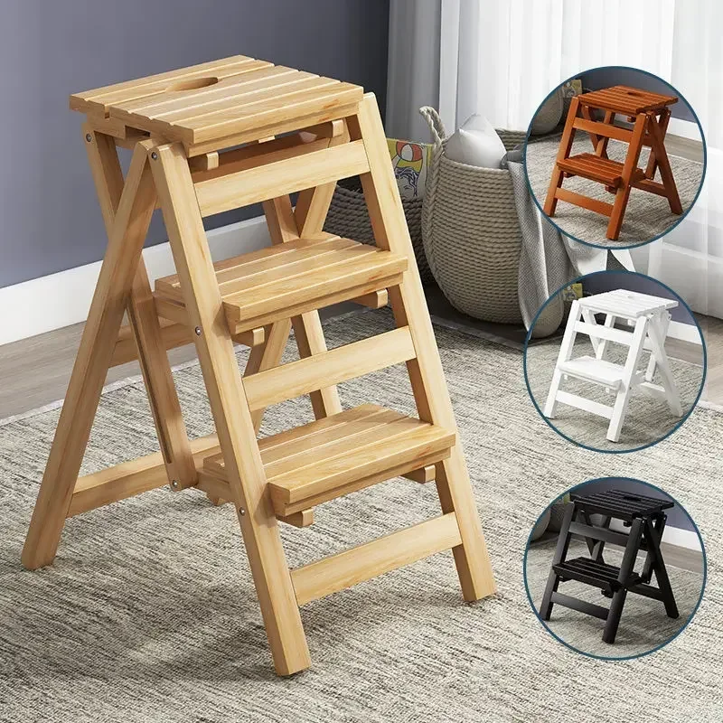 Solid Wood Foldable Step Stools Multi Functional Dual-use Simple Step Ladders for Home Folding Chair Stools Kitchen Furniture