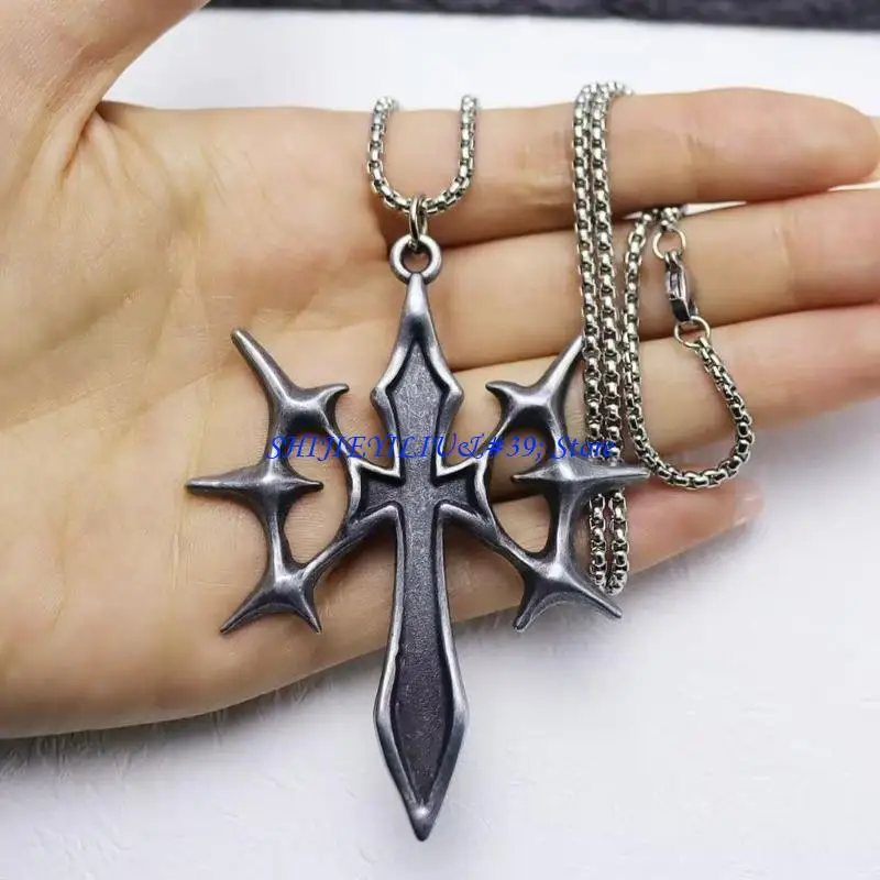E21F Trendy Gothic Thorn Crosses Pendant Necklace For Edgy Styles Lovers