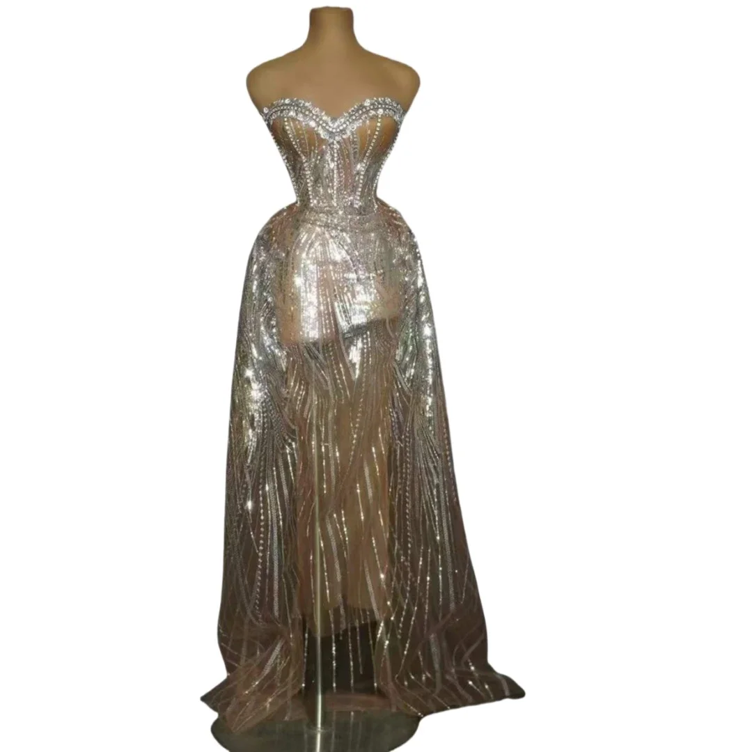 

Silver Sequins See Thru Long Dress For Women Sparkly Drag Queen Dancing Costume Sleeveless Party Night Out Stage Wear Bling 2024