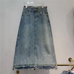 Women Hot Drilling Diamonds Beaded Denim Skirt Ragged Edge Sequined Jeans Skirt High Waist A-line Rhinestones Mid Length Skirt