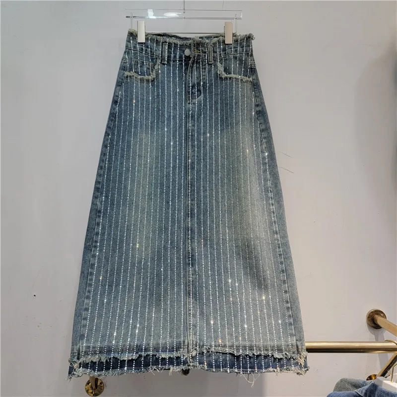 Women Hot Drilling Diamonds Beaded Denim Skirt Ragged Edge Sequined Jeans Skirt High Waist A-line Rhinestones Mid Length Skirt