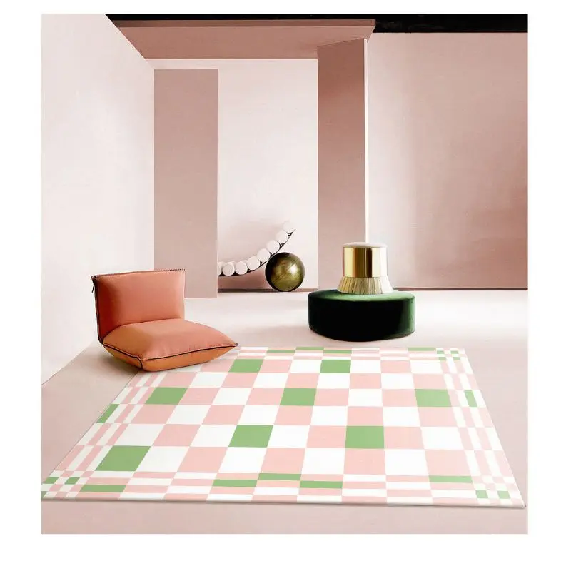 Pink Green Checkered Area Rugs, Nonslip Washable Carpet, Bedroom Living Room Soft Rugs Faux Wool Carpet Indoor/Outdoor Rug