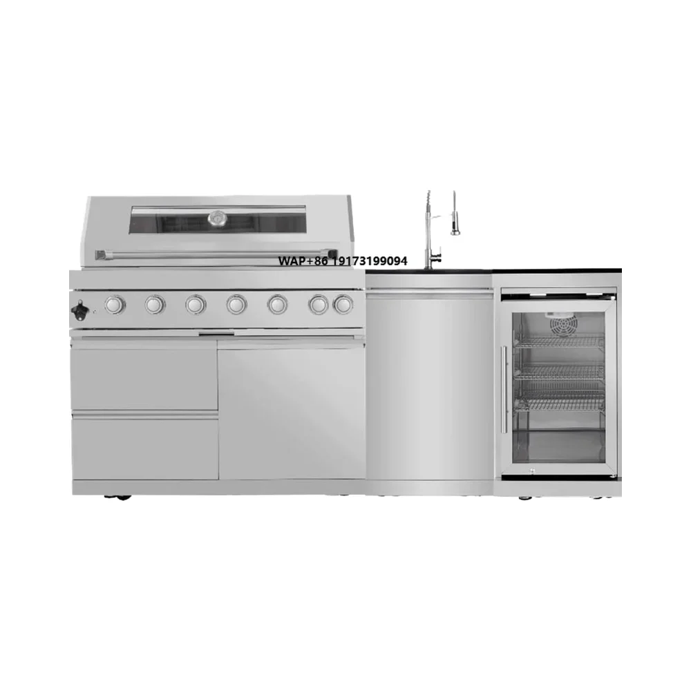 Modern Stainless Steel Outdoor Kitchen Island Gas Grill Silver Sink Beverage Refrigerator Iron Trolley High Propane