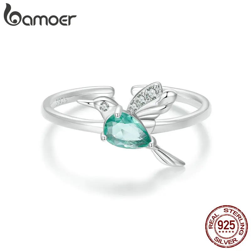 

BAMOER 925 пробы серебро кольцо с колибри с синим фианитом для женщин ювелирные изделия подарок регулируемое кольцо 6-9 #