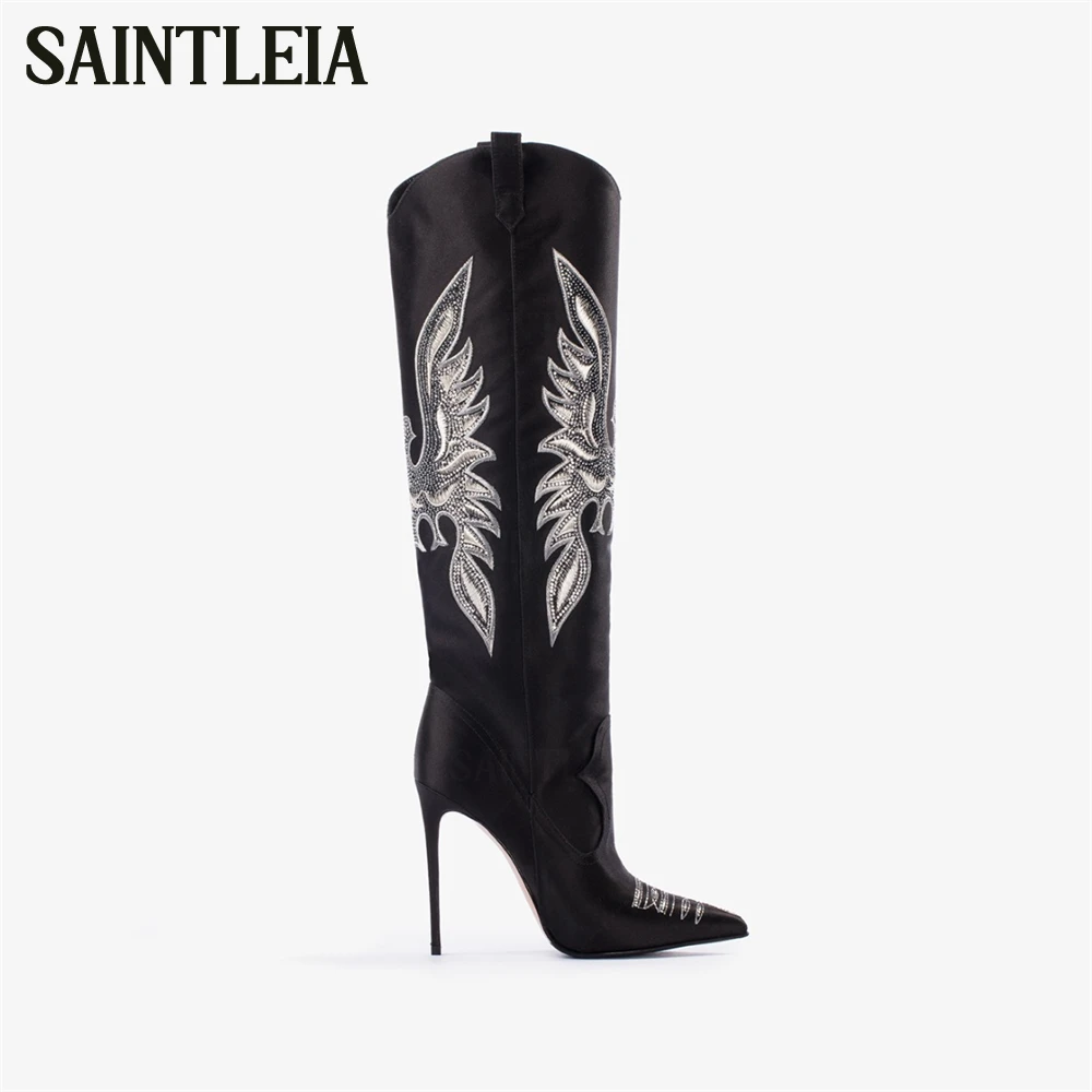 

Embroidered Pointed Toe Stiletto Boots Designer Style Vintage Knee High Boots Blue Denim Black Leather Slip-On Boots for Women