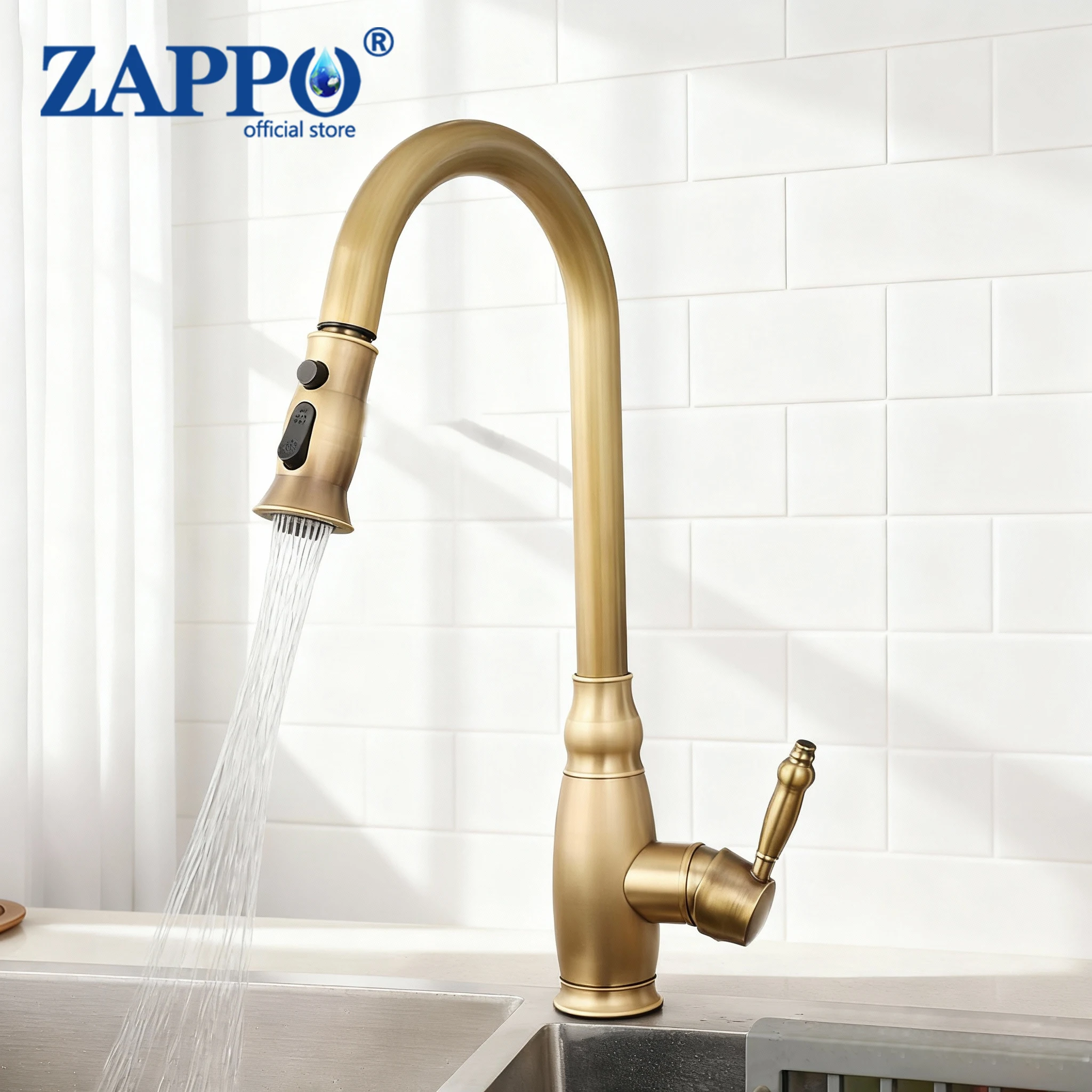 ZAPPO Antique Brass Kitchen Faucet Pull-Out 2-Function Spray Mode Cold & Hot Water Mixer Tap, Vintage Style Kitchen Sink Faucet