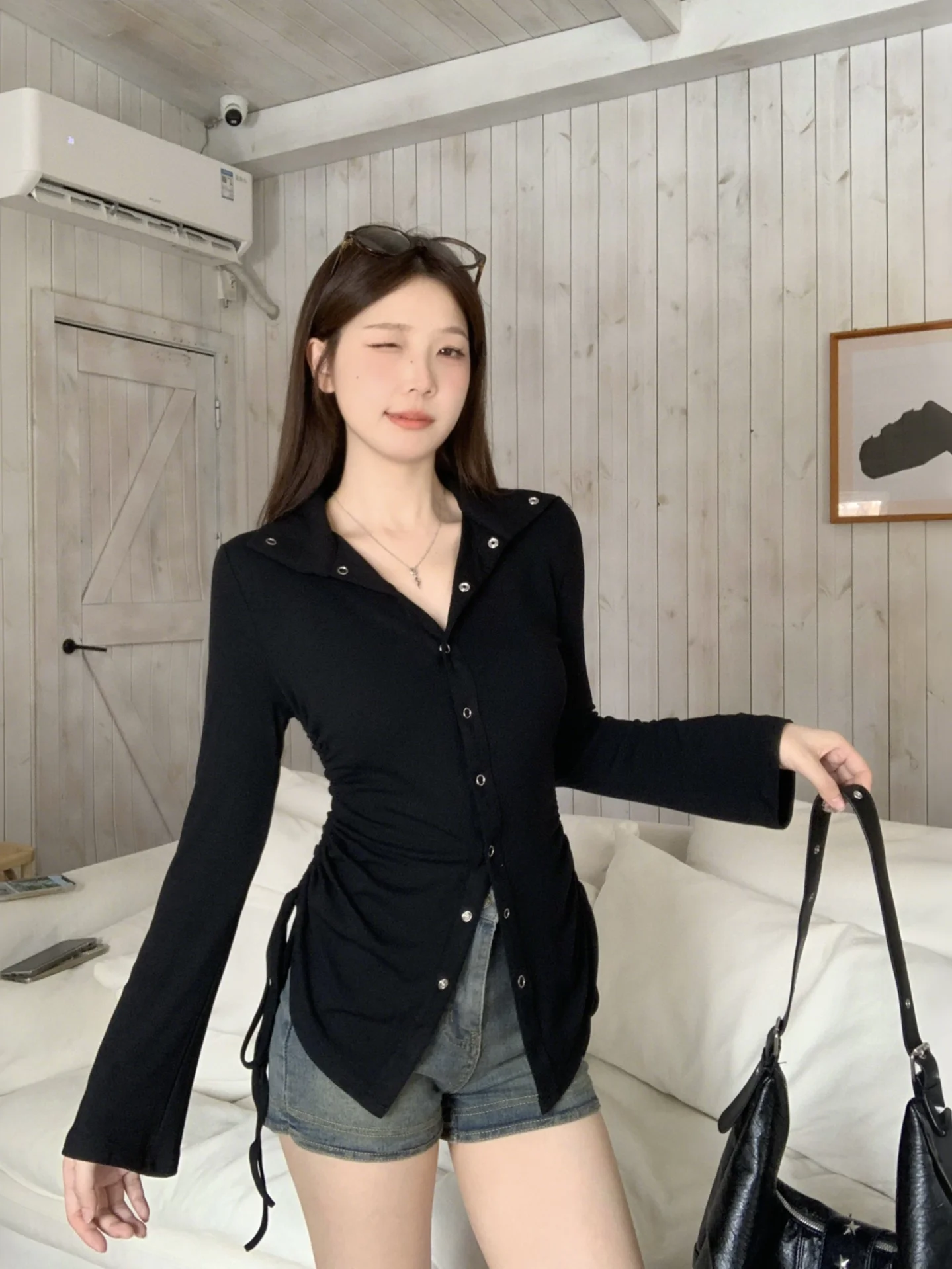 

Осень 2023, женская футболка с длинным свеком в американском стиле, большие размеры, облегающая футболка Bell Sve, повседневная одежда, дизайнерский топ с поясом на талии