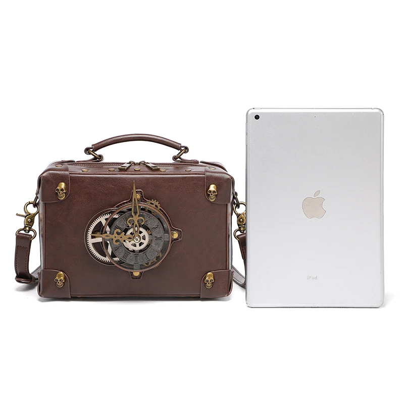 Man Crossbody Bag Woman Satchel Steampunk Briefcase Leather Shoulder Casual  Tote Handbag Clock Vintage Square Side Phone Bag