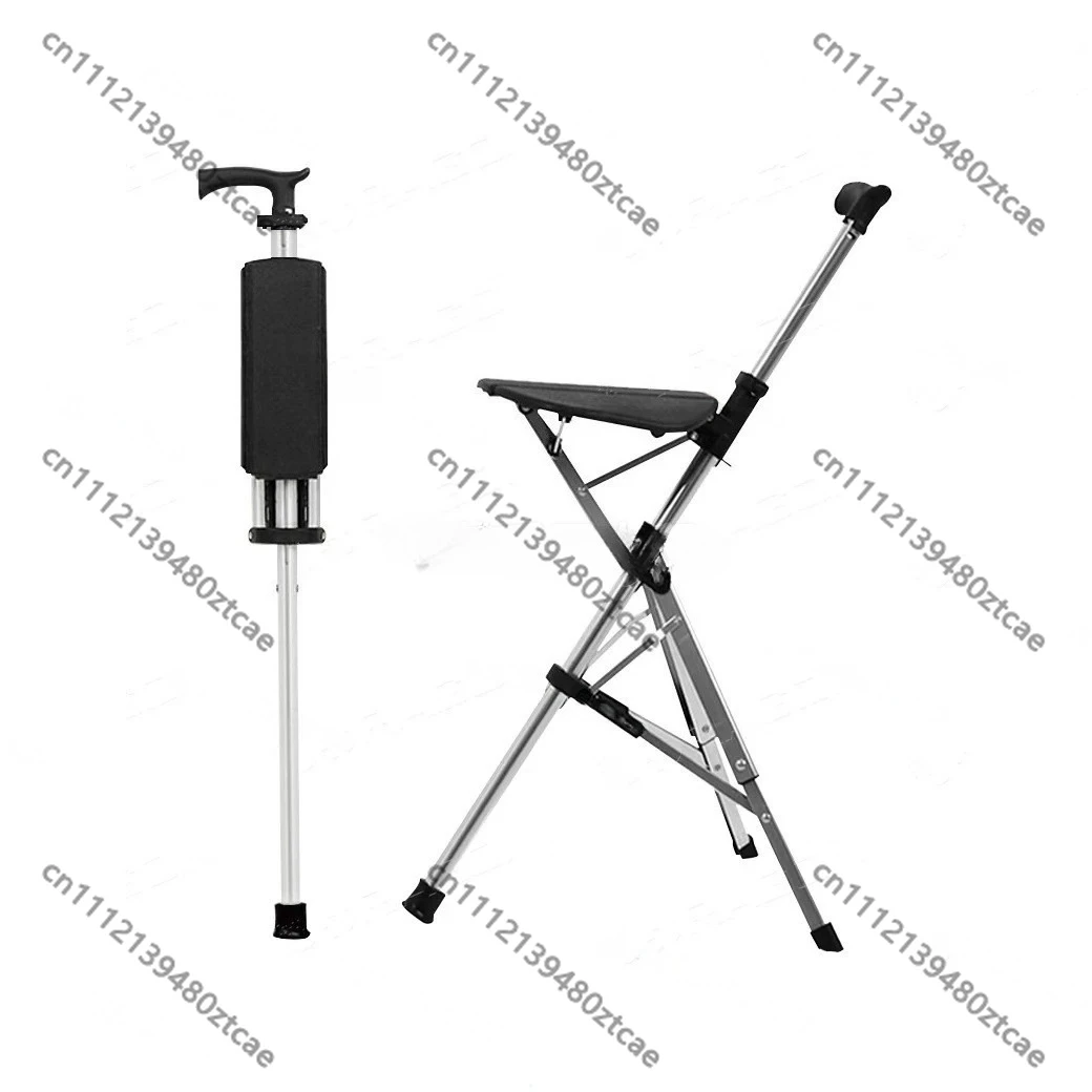 Folding Cane Chair with Seat Plate, Three-Legged Non-Slip Walking Stick, Lightweight Elderly Mobility Support Hiking Cane