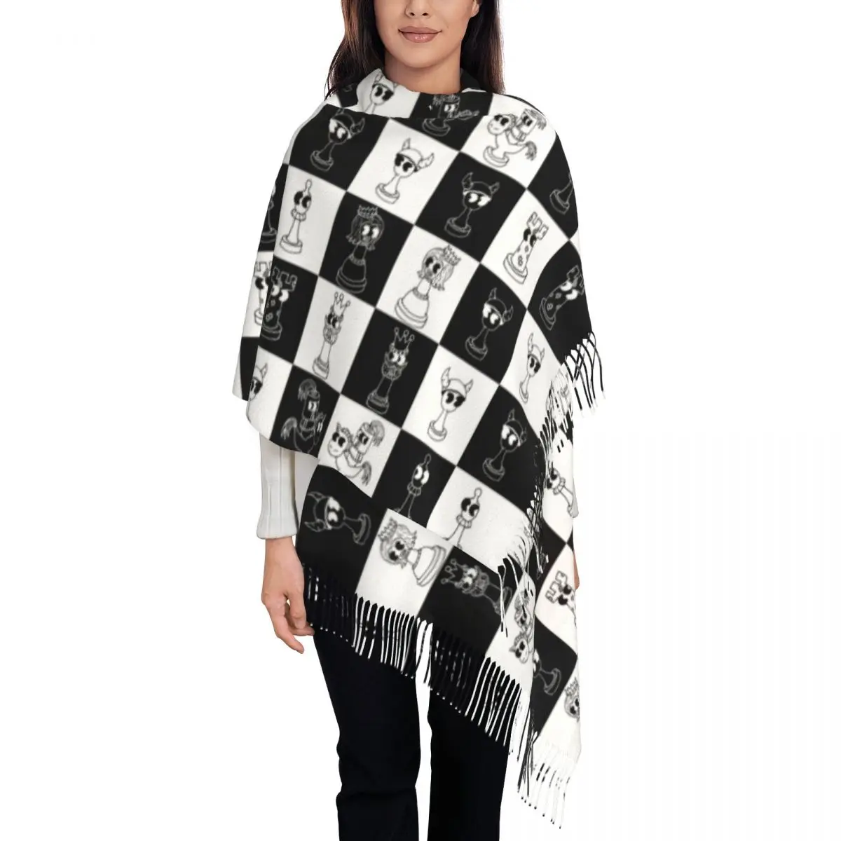 

Ladies Long Chess Club Seven Scarves Women Winter Fall Soft Warm Tassel Shawl Wraps Chessboard Game Chess Piece Scarf