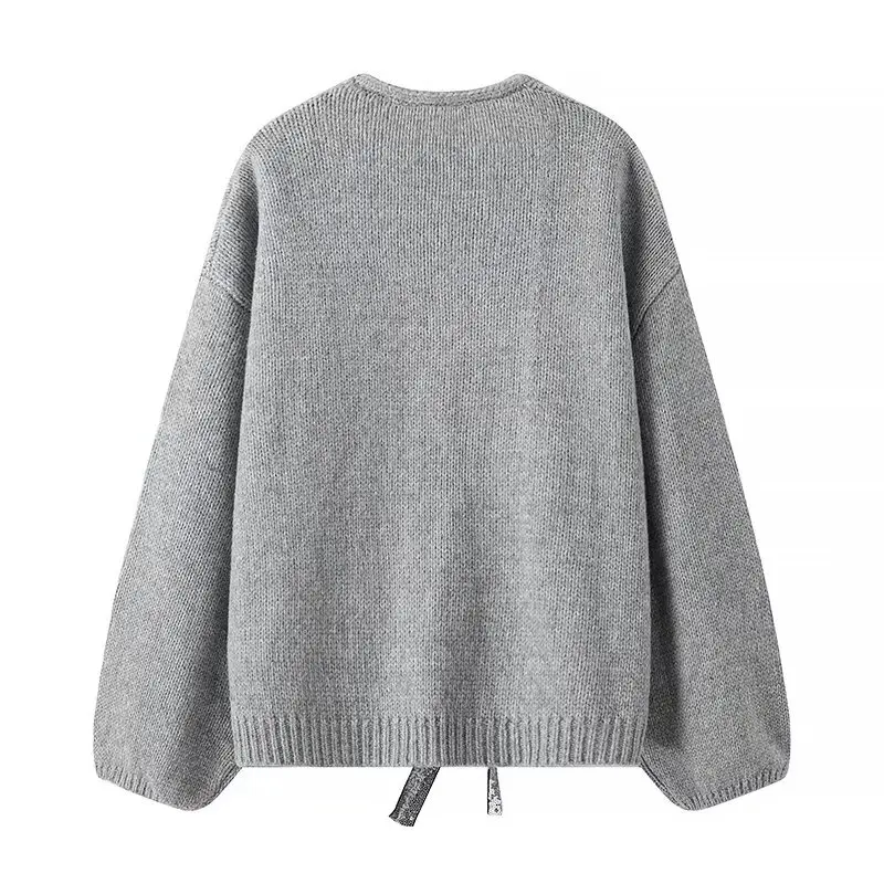 Women\'s Grey Cardigan Knit Sweater Harajuku 90s Y2k Long Sleeves Bow V-Neck Jumper Sweater Vintage Fashion 2000s Clothes Autumn