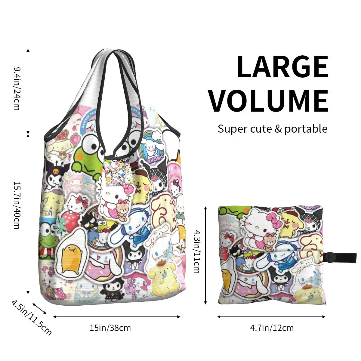 Kawaii Sanrio HelloKitty Shopping Bags Foldable Grocery Eco Bags Large Capacity Kuromi Melody Recycling Bags Washable Handbag