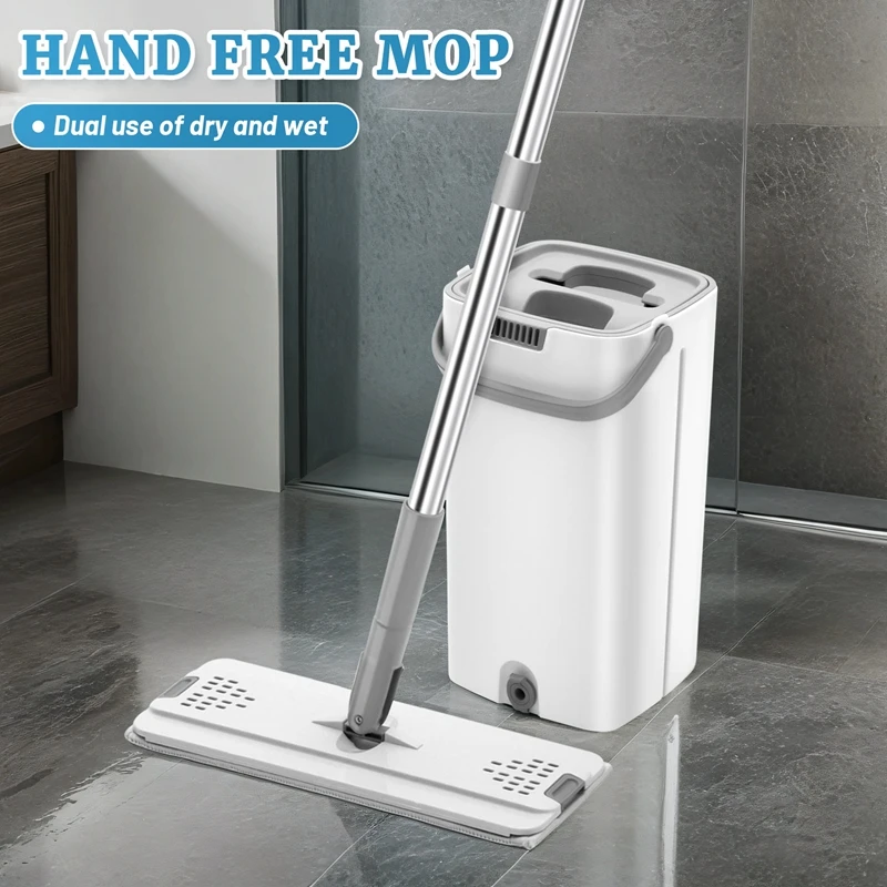 Lazy Flat Floor Mops and Bucket Set Floor Cleaning System with Washable Microfiber Pads for Hardwood Flat Squeeze Mop-AT48